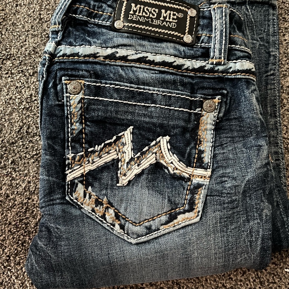 Miss Me Blue Denim Jeans with White & Tan Embroidered Pocket